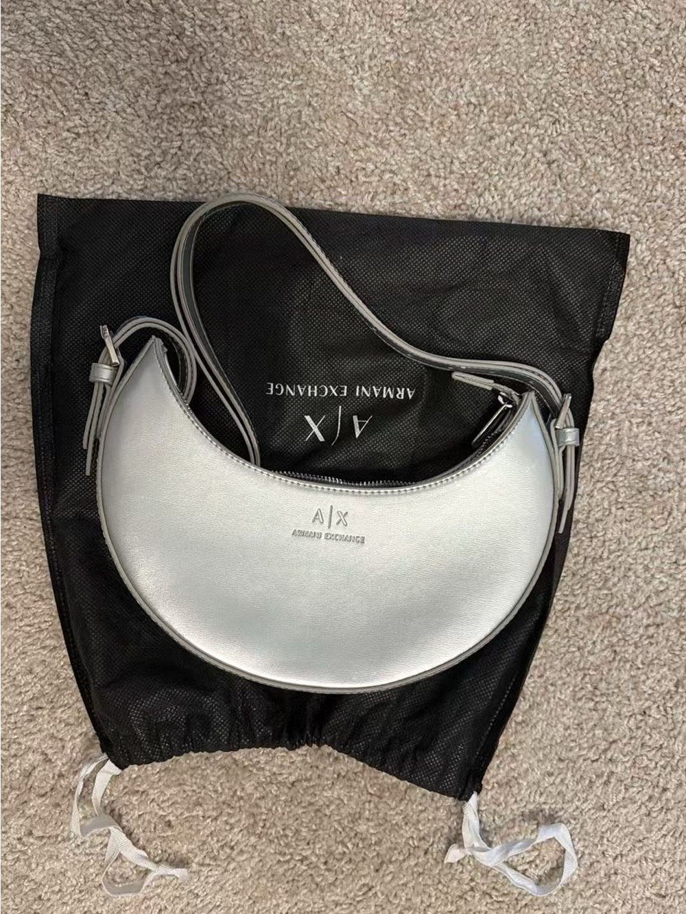 Armani Exchange Metallic Silver Crescent Shoulder Bag